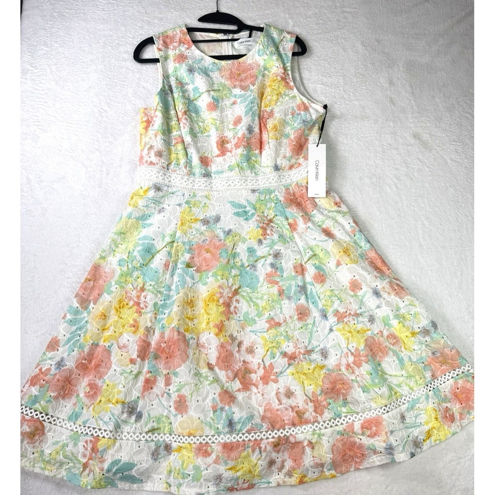 Calvin Klein Floral Eyelet Dress 10 Sleeveless Flare Crochet Cotton Coastal NWT